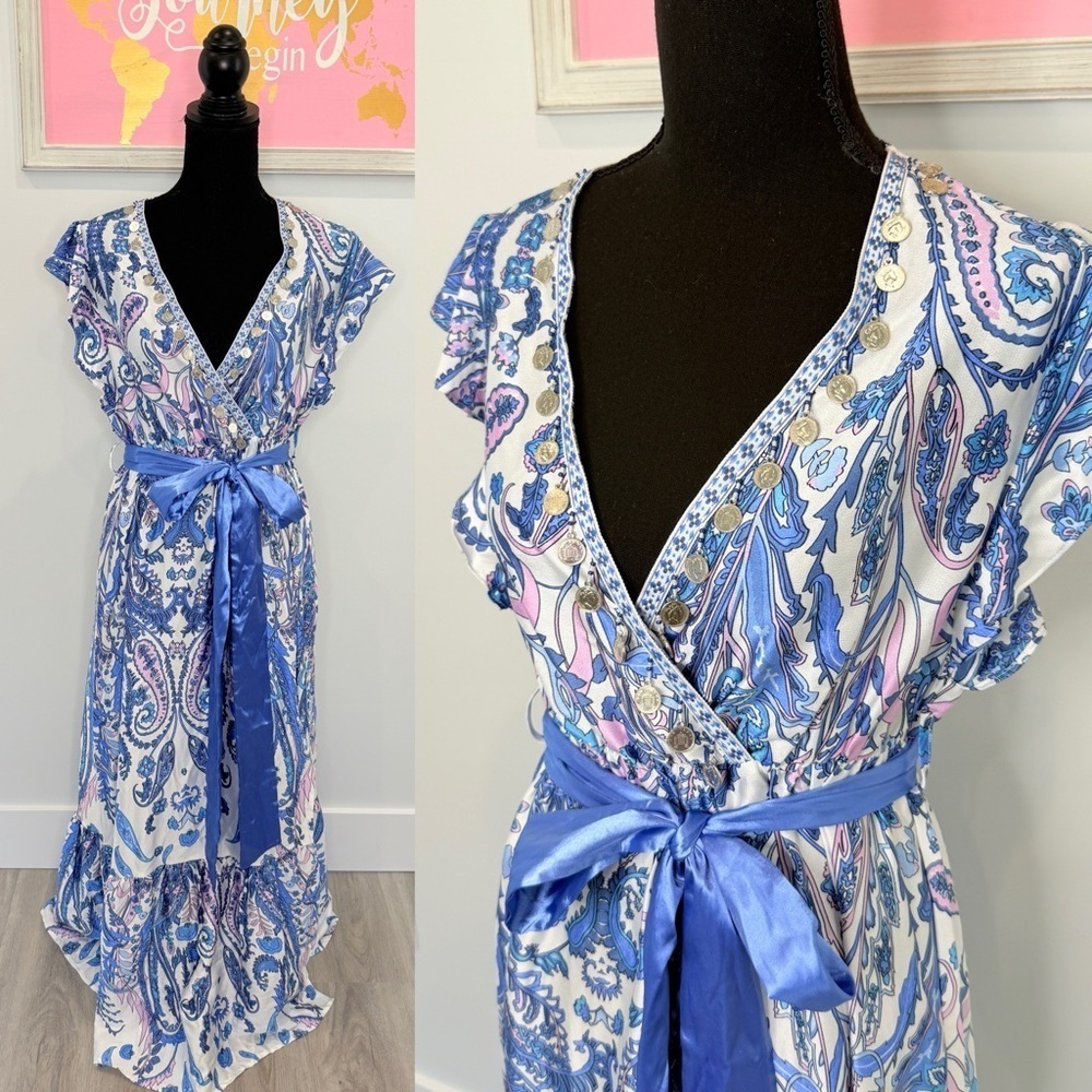 Anany Maxi V-Neck Coin on Collar Belted Short Sleeve with Slit Dress (S)